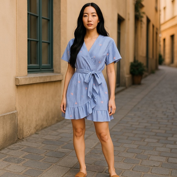 ROMEO & JULIET COUTURE Blue & White Striped Wrap Dress With Flamingos, Small - Picture 6 of 12
